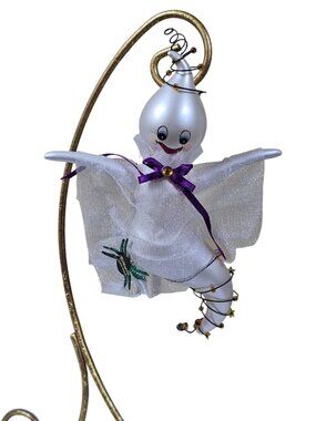 Vintage White Ghost Hand Blown Glass Multi Color Ornament Flying Halloween Stars